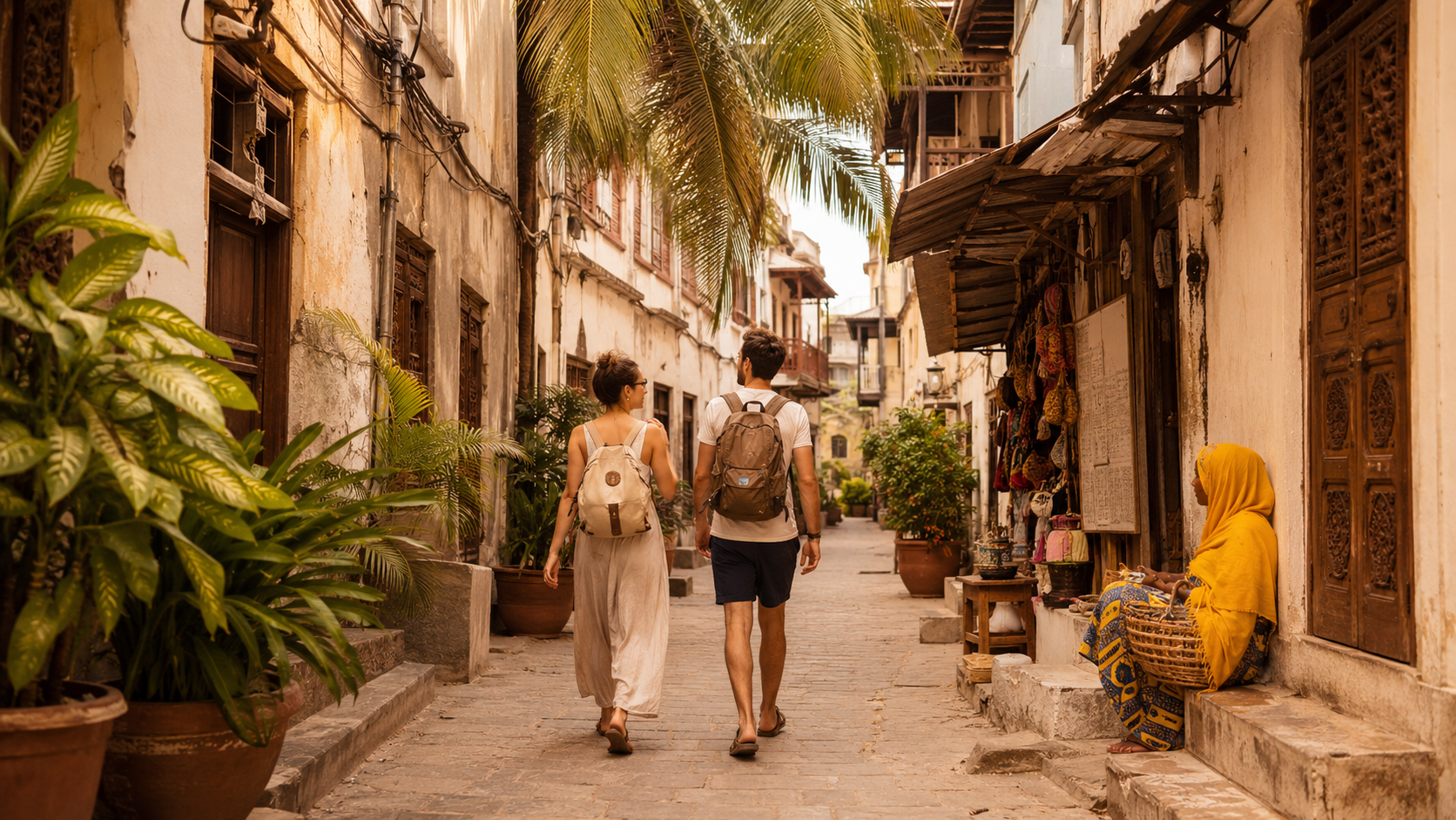 Travellers exploring a historic lane