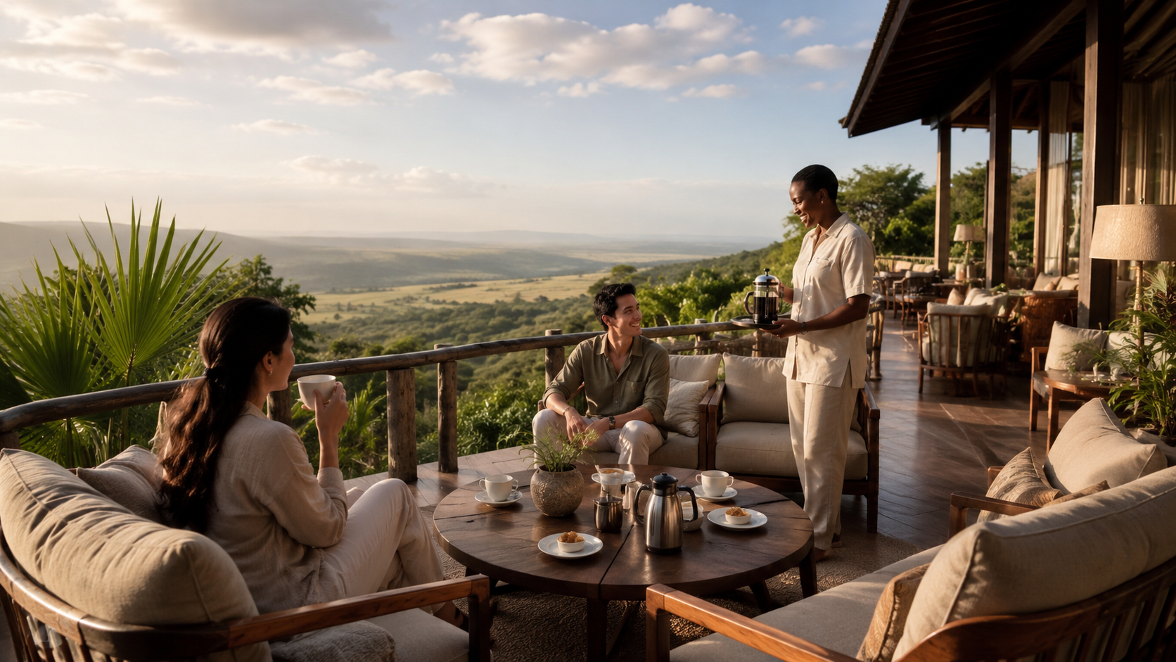 Guests relaxing at a lodge terrace