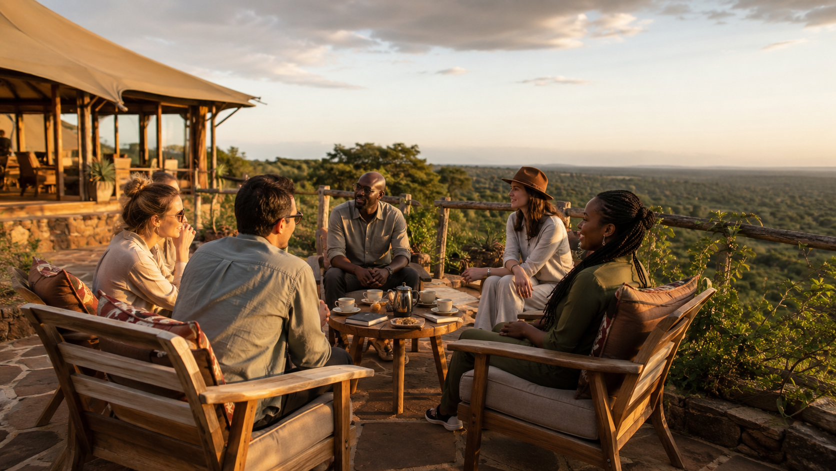 Group gathered at a scenic lodge terrace